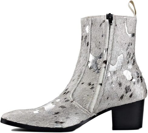 OSSTONE Men Chelsea Ankle Boots Leather Pony Hair Leopard Boot with Side Zipper Heel Boots JY012 in Kuwait