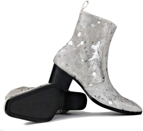 OSSTONE Men Chelsea Ankle Boots Leather Pony Hair Leopard Boot with Side Zipper Heel Boots JY012 in Kuwait