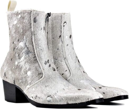 OSSTONE Men Chelsea Ankle Boots Leather Pony Hair Leopard Boot with Side Zipper Heel Boots JY012 in Kuwait