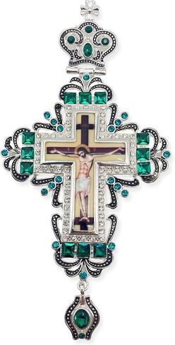 Nazareth Store Silver Plated Pectoral Cross Multi Zircons Crystallized Elements Christian Priest Bishop Large Crucifix Pendant with Necklace 24" in Saudi Arabia