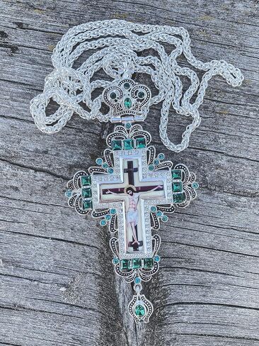 Nazareth Store Silver Plated Pectoral Cross Multi Zircons Crystallized Elements Christian Priest Bishop Large Crucifix Pendant with Necklace 24" in Saudi Arabia