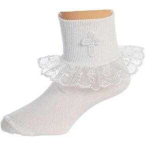 TipTop Girls White Baptism First Communion or Christening Socks with Cross and Ruffle