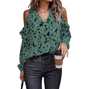 EVALESS Womens Fashion Tops Off The Shlouder Blouses Sexy V Neck Outfits Long Sleeve Leopard Print Shirts