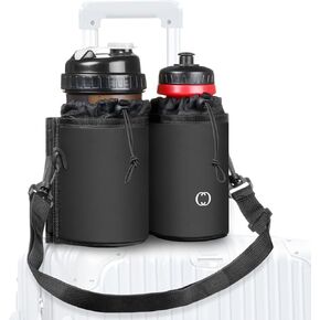 Travel Cup Holder for Luggage with Shoulder Strap, Thermal Insulation and Zipper Pocket, Fits on Suitcase Handles - Hold Two Bottles, Travel Accessories, Gift Ideas (Black01)