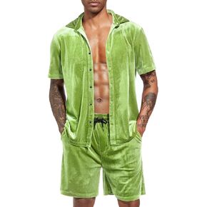 LecGee Men Summer Casual Short Sets Velvet Short Sleeve Button Down Shirt Elastic Waist Shorts 2 Piece Outfits Tracksuit in Kuwait