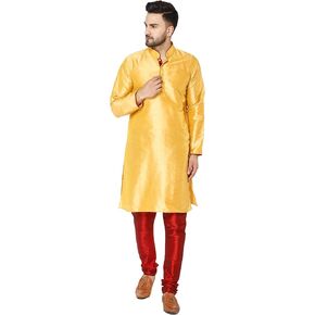 SKAVIJ Mens Indian Kurta Pajama Set Art Silk Evening Attire Casual Trendy Regular Fit Outfit