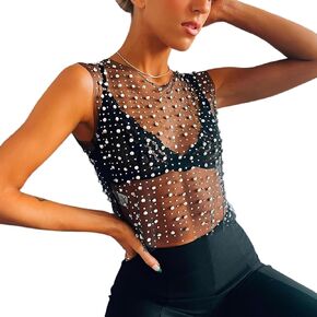 Women's Rhinestone Mesh Dress, Pearl Dress, Women's Pearl top, Sexy Pearl mesh top, Sexy Cutout Crystal Dress Blouse