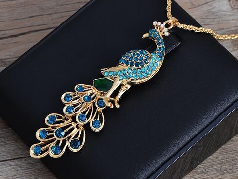Alilang Golden Tone Blue Green Colored Rhinestone Peacock Bird Pendant Chain Necklace in Saudi Arabia