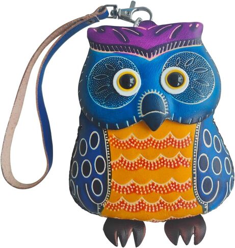 محفظة جلد بسحاب على شكل بومة من يزيكيما، حقيبة معصم، حقيبة يد، منظم عملات معدنية، حامل بطاقات، حقيبة تخزين جلدية صغيرة بسحاب للنساء، ازرق، 4.53 × 3.94 × 1.57 انش، نمط فني, أزرق, نمط فني in Kuwait