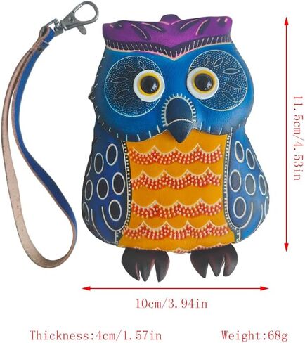 محفظة جلد بسحاب على شكل بومة من يزيكيما، حقيبة معصم، حقيبة يد، منظم عملات معدنية، حامل بطاقات، حقيبة تخزين جلدية صغيرة بسحاب للنساء، ازرق، 4.53 × 3.94 × 1.57 انش، نمط فني, أزرق, نمط فني in Kuwait