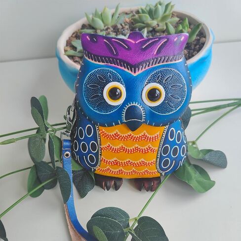 محفظة جلد بسحاب على شكل بومة من يزيكيما، حقيبة معصم، حقيبة يد، منظم عملات معدنية، حامل بطاقات، حقيبة تخزين جلدية صغيرة بسحاب للنساء، ازرق، 4.53 × 3.94 × 1.57 انش، نمط فني, أزرق, نمط فني in Kuwait