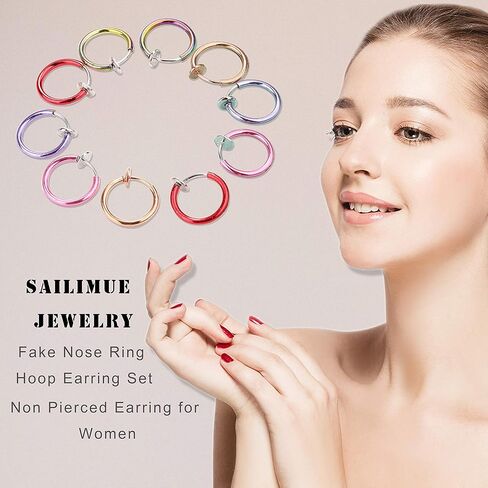 SAILIMUE 30 قطعة من حلقات الأنف المزيفة، حلقات حاجز وهمية للنساء والرجال، حلقات أنف صناعية، حلق غير مثقوب، مشبك على الأقراط، ثقب غضروف زائف، مجموعة حلقات الأنف الملونة الربيعية in Kuwait