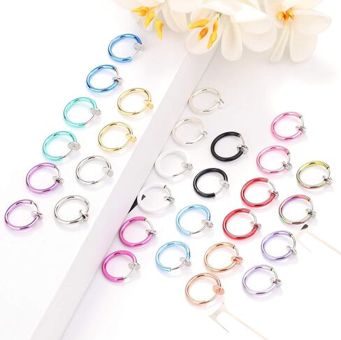 SAILIMUE 30 قطعة من حلقات الأنف المزيفة، حلقات حاجز وهمية للنساء والرجال، حلقات أنف صناعية، حلق غير مثقوب، مشبك على الأقراط، ثقب غضروف زائف، مجموعة حلقات الأنف الملونة الربيعية in Kuwait