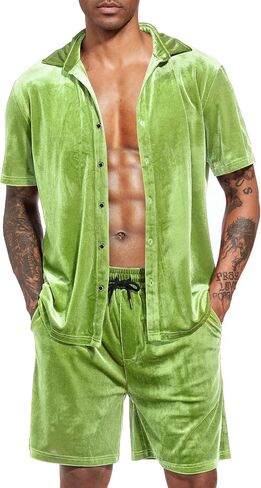 LecGee Men Summer Casual Short Sets Velvet Short Sleeve Button Down Shirt Elastic Waist Shorts 2 Piece Outfits Tracksuit in Kuwait