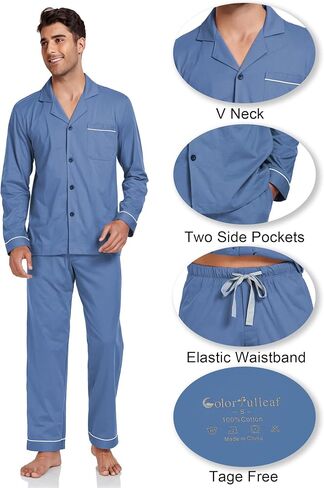 EA'S SECRET Men's 100% Cotton Pajamas Sets Long Sleeve Top and Pants Button Down Sleepwear Loungewear with Pockets S-XL in Saudi Arabia