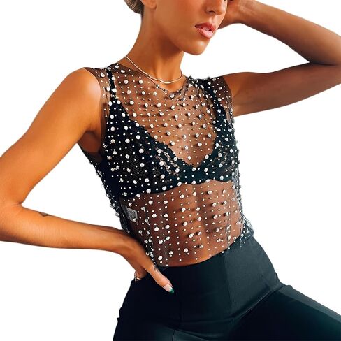 فستان شبكي من حجر الراين للنساء، فستان من اللؤلؤ، قميص نسائي من اللؤلؤ، قميص شبكي مثير من اللؤلؤ، بلوزة فستان كريستالية مثيرة in Kuwait