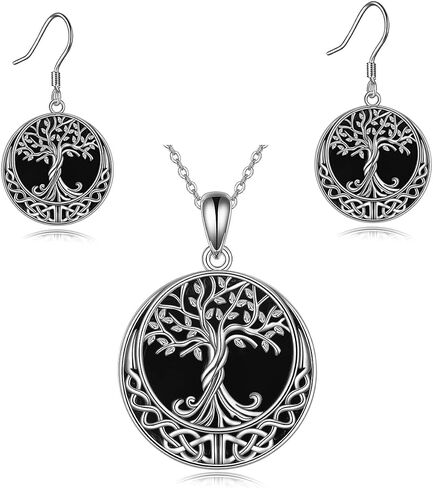 ONEFINITY Tree of Life Necklace/Earrings Sterling Silver Genuine Natural Black Onyx Jewelry Celtic Knot Family Tree Pendant Necklace for Women in Saudi Arabia