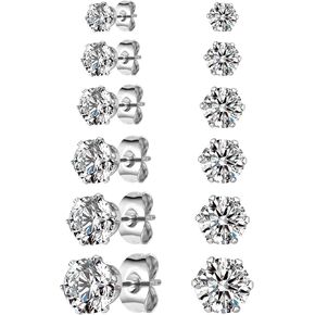 Ringcal 6 أزواج من أقراط الفولاذ المقاوم للصدأ مجموعة هيبوالرجينيك مكعب زركونيا 14K الذهب الأبيض تشيكوسلوفاكيا أقراط للنساء