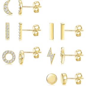 Hayoso 6 Pairs Sterling Silver Stud Earrings Hypoallergenic Earrings Stud Bar Circle CZ Stud Earrings Lightning Bolt Earrings Tiny Stud Earrings Set White Gold Plated Cartilage Earrings Studs for Women