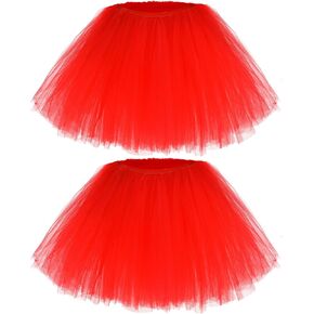 hoyuwak 2Pcs Tutu Tulle Skirt for Women 5 Layered Stretchy Puffy Adult Dance Skirt for Valentine's Day Ballet Red Pink Black