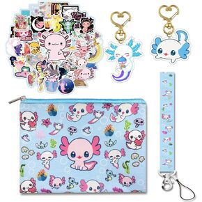 CTROW Kawaii Axolotl Gifts Set,Axolotl Makeup Bag for Girls,Axolotl Keychains Lanyard,Cute Axolotl Stickers and Purse Wallet