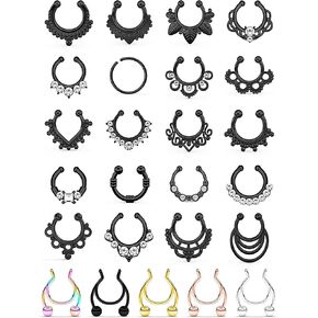 Prjndjw Fake Septum Nose Hoop Rings Stainless Steel Faux Lip Ear Nose Septum Ring Non Piercing Clip On Nose Hoop Rings Body Piercing Jewelry 25PCS Women Man