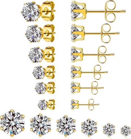 Ringcal 6 أزواج من أقراط الفولاذ المقاوم للصدأ مجموعة هيبوالرجينيك مكعب زركونيا 14K الذهب الأبيض تشيكوسلوفاكيا أقراط للنساء in Kuwait