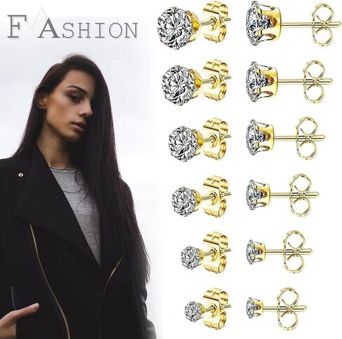 Ringcal 6 أزواج من أقراط الفولاذ المقاوم للصدأ مجموعة هيبوالرجينيك مكعب زركونيا 14K الذهب الأبيض تشيكوسلوفاكيا أقراط للنساء in Kuwait