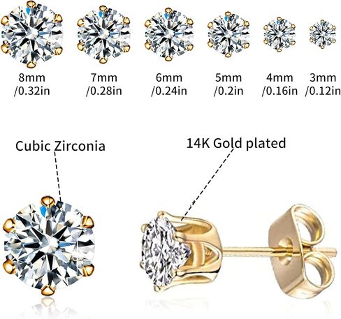 Ringcal 6 أزواج من أقراط الفولاذ المقاوم للصدأ مجموعة هيبوالرجينيك مكعب زركونيا 14K الذهب الأبيض تشيكوسلوفاكيا أقراط للنساء in Kuwait