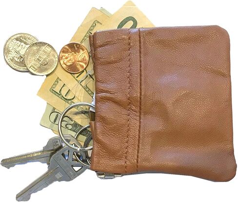 SILVERFEVER Leather Coin Purse Change Holder Squeeze Spring Closure Pouch w Key Ring, 3.5" by 3.5" - Great Gift for Men Women (L Brown -Cowhide) in Saudi Arabia