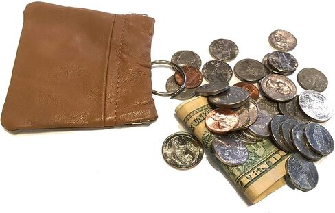 SILVERFEVER Leather Coin Purse Change Holder Squeeze Spring Closure Pouch w Key Ring, 3.5" by 3.5" - Great Gift for Men Women (L Brown -Cowhide) in Saudi Arabia