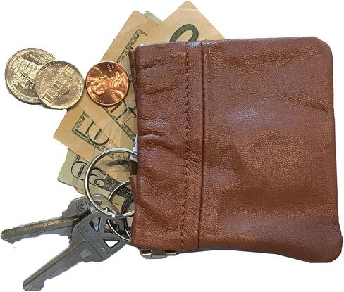 SILVERFEVER Leather Coin Purse Change Holder Squeeze Spring Closure Pouch w Key Ring, 3.5" by 3.5" - Great Gift for Men Women (L Brown -Cowhide) in Saudi Arabia