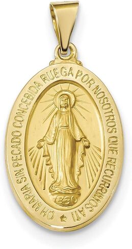 Mary Mother of God Miraculous Medal with Words Hollow Oval Pendant in Real 14k Gold in Saudi Arabia