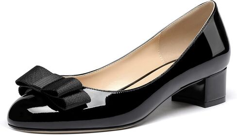 WAYDERNS Women's Patent Leather Bow Slip On Round Toe Chunky Low Heel Pumps Shoes 1.5 Inch in Kuwait
