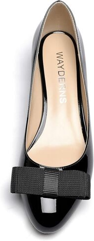 WAYDERNS Women's Patent Leather Bow Slip On Round Toe Chunky Low Heel Pumps Shoes 1.5 Inch in Kuwait