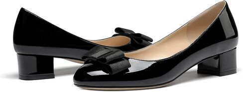 WAYDERNS Women's Patent Leather Bow Slip On Round Toe Chunky Low Heel Pumps Shoes 1.5 Inch in Kuwait