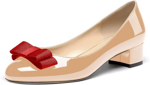 WAYDERNS Women's Patent Leather Bow Slip On Round Toe Chunky Low Heel Pumps Shoes 1.5 Inch in Kuwait