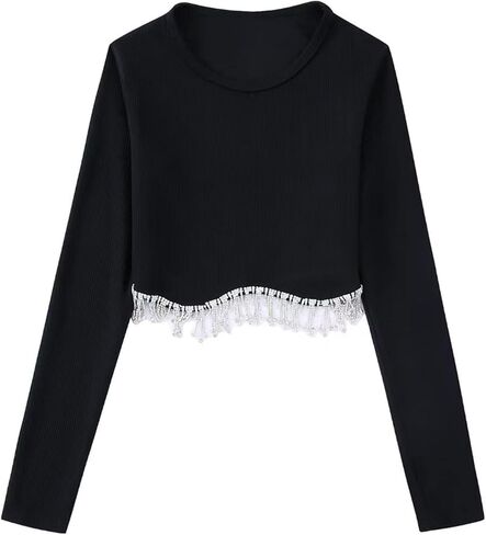 Women Rhinestone Fringe Crop Top Vest Crew Neck Going Out Tops in Kuwait