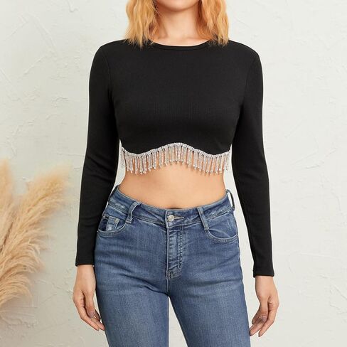Women Rhinestone Fringe Crop Top Vest Crew Neck Going Out Tops in Kuwait