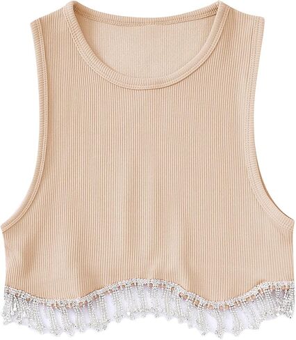 Women Rhinestone Fringe Crop Top Vest Crew Neck Going Out Tops in Kuwait
