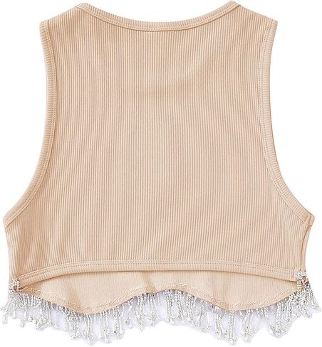 Women Rhinestone Fringe Crop Top Vest Crew Neck Going Out Tops in Kuwait