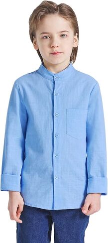 قميص Eymitory Boys بأزرار سفلية وأكمام طويلة كاجوال من القطن والكتان للأطفال، قمصان صيفية بجيب واحد in Kuwait