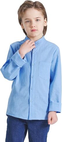 قميص Eymitory Boys بأزرار سفلية وأكمام طويلة كاجوال من القطن والكتان للأطفال، قمصان صيفية بجيب واحد in Kuwait