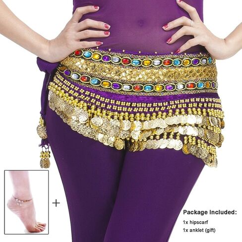 Mutreso Belly Dance Hip Scarf with 248 Gold Coins 150cm Colorful Gem Belt Profession Velvet Performance Skirt Hip Wrap in Kuwait