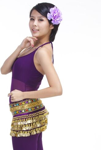 Mutreso Belly Dance Hip Scarf with 248 Gold Coins 150cm Colorful Gem Belt Profession Velvet Performance Skirt Hip Wrap in Kuwait