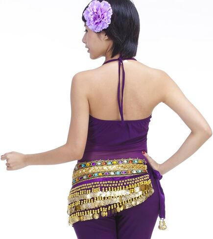 Mutreso Belly Dance Hip Scarf with 248 Gold Coins 150cm Colorful Gem Belt Profession Velvet Performance Skirt Hip Wrap in Kuwait