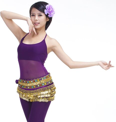 Mutreso Belly Dance Hip Scarf with 248 Gold Coins 150cm Colorful Gem Belt Profession Velvet Performance Skirt Hip Wrap in Kuwait