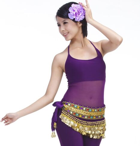 Mutreso Belly Dance Hip Scarf with 248 Gold Coins 150cm Colorful Gem Belt Profession Velvet Performance Skirt Hip Wrap in Kuwait
