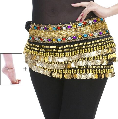 Mutreso Belly Dance Hip Scarf with 248 Gold Coins 150cm Colorful Gem Belt Profession Velvet Performance Skirt Hip Wrap in Kuwait
