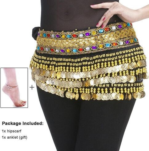 Mutreso Belly Dance Hip Scarf with 248 Gold Coins 150cm Colorful Gem Belt Profession Velvet Performance Skirt Hip Wrap in Kuwait